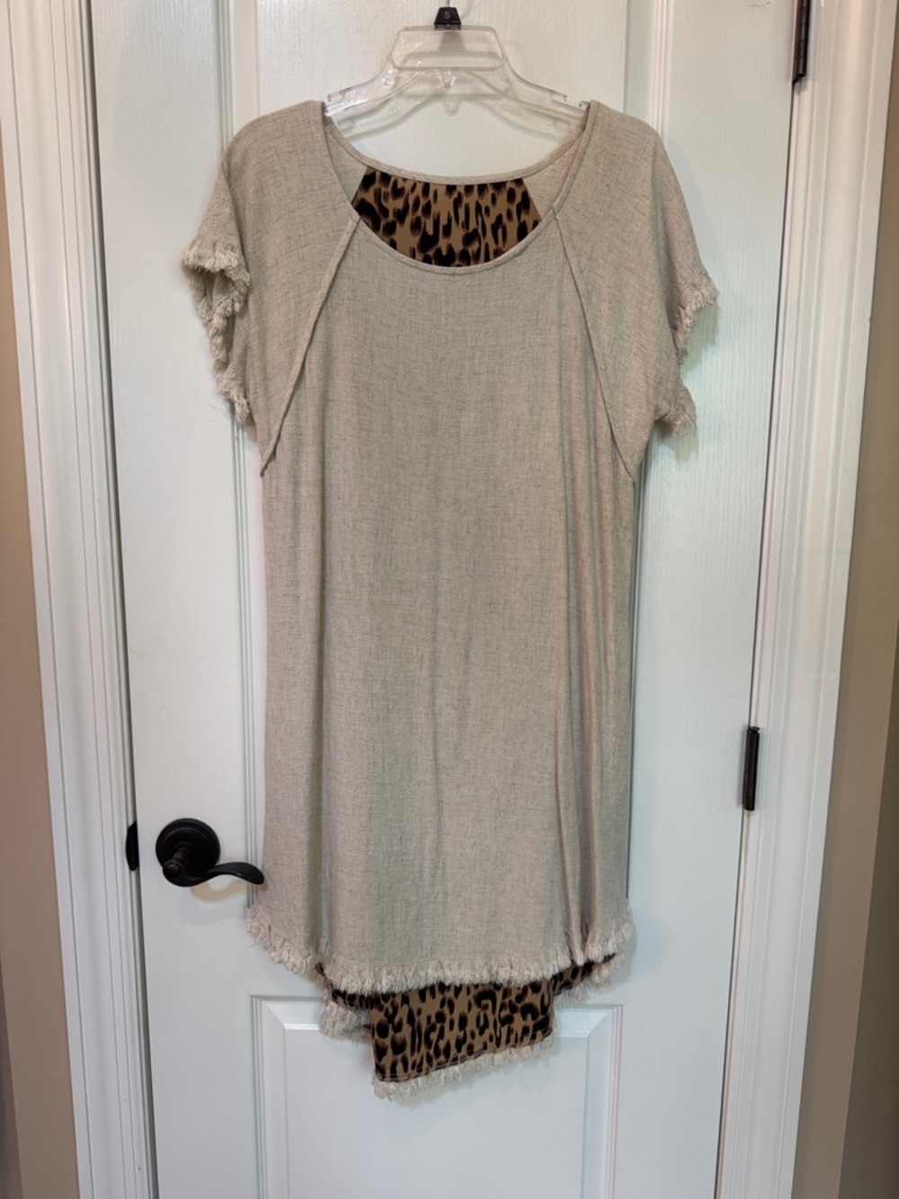 Beige Short Sleeve High low dress with Leopard Trim